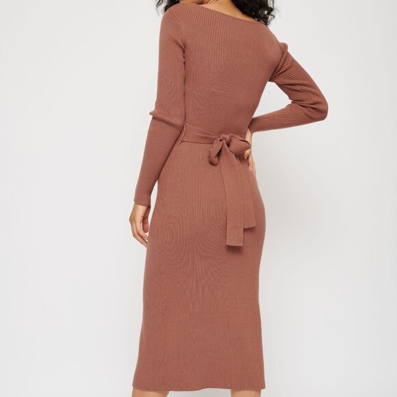 (NWT) Dynamite - brown ribbed knit bardot midi sweater dress (large) - Picture 3 of 5